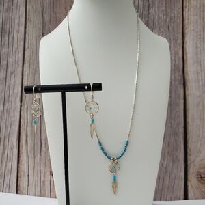 Sterling Silver 925 Turquoise Dream Catcher  Feather Pendant Necklace & Earrings